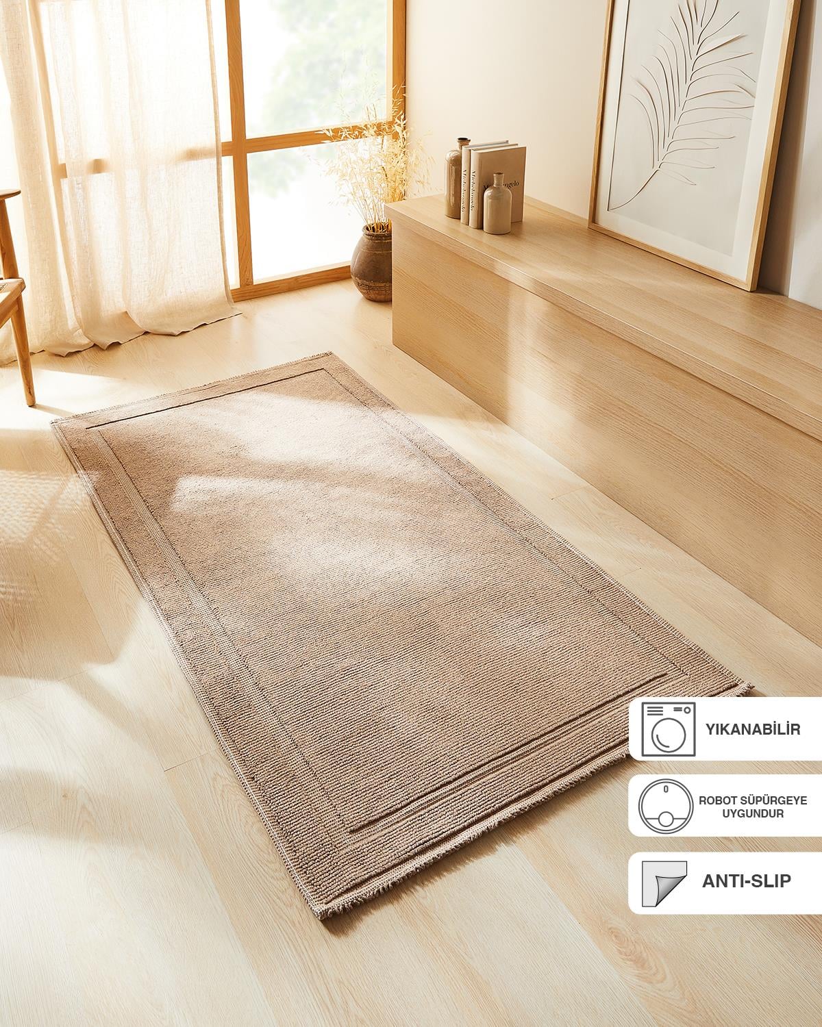 Yıkanabilir Pamuklu Bej Renk Kilim 120 x 180 cm