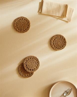  4lü Bej Renk Motifli Rafya Bardak Altlığı Ø 11 cm