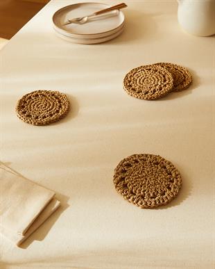  4lü Bej Renk Motifli Rafya Bardak Altlığı Ø 11 cm