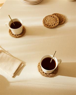  4lü Bej Renk Motifli Rafya Bardak Altlığı Ø 11 cm