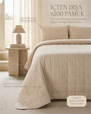 %100 Pamuk Kumaş Kapitoneli Bej Çok Amaçlı Çift Kişilik Yatak Örtüsü Seti 1 Adet 250 x 230 / 2 Adet 50 x 70 cm