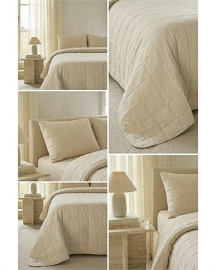 %100 Pamuk Kumaş Kapitoneli Bej Çok Amaçlı Çift Kişilik Yatak Örtüsü Seti 1 Adet 250 x 230 / 2 Adet 50 x 70 cm