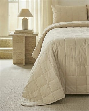 %100 Pamuk Kumaş Kapitoneli Bej Çok Amaçlı Tek Kişilik Yatak Örtüsü Seti 1 Adet 180 x 230 / 1 Adet 50 x 70 cm
