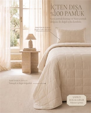 %100 Pamuk Kumaş Kapitoneli Bej Çok Amaçlı Tek Kişilik Yatak Örtüsü Seti 1 Adet 180 x 230 / 1 Adet 50 x 70 cm