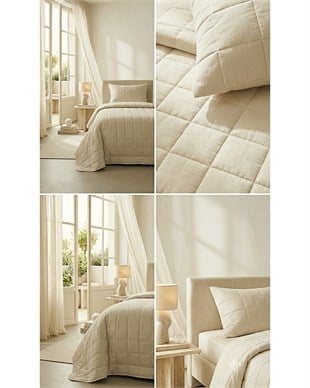 %100 Pamuk Kumaş Kapitoneli Bej Çok Amaçlı Tek Kişilik Yatak Örtüsü Seti 1 Adet 180 x 230 / 1 Adet 50 x 70 cm