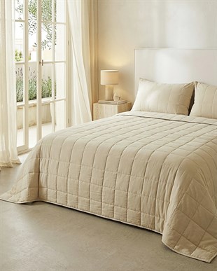 %100 Pamuk Kumaş Kapitoneli Bej Çok Amaçlı Çift Kişilik Yatak Örtüsü Seti 1 Adet 250 x 230 / 2 Adet 50 x 70 cm