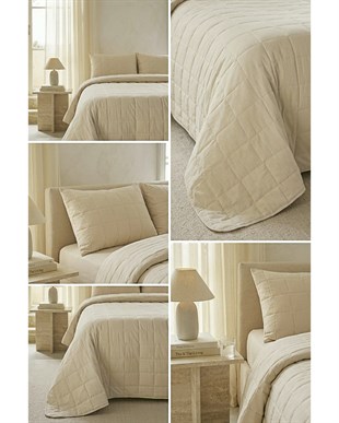%100 Pamuk Kumaş Kapitoneli Bej Çok Amaçlı Çift Kişilik Yatak Örtüsü Seti 1 Adet 250 x 230 / 2 Adet 50 x 70 cm
