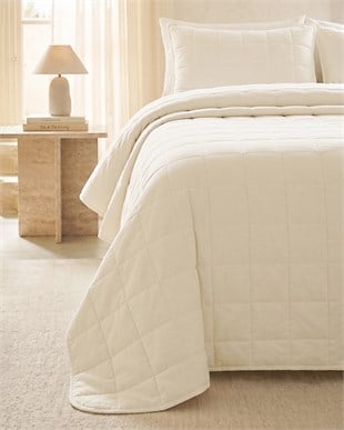 %100 Pamuk Kumaş Kapitoneli Ekru Çok Amaçlı Çift Kişilik Yatak Örtüsü Seti 1 Adet 250 x 230 / 2 Adet 50 x 70 cm