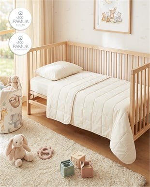 %100 Pamuk Kumaş Kapitoneli Ekru Çok Amaçlı Bebek Yatak Örtüsü Seti 1 Adet 100 x 150 / 1 Adet 37 x 47 cm