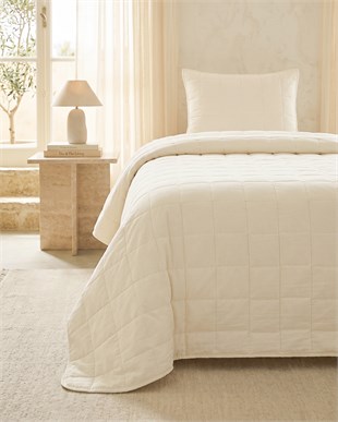 %100 Pamuk Kumaş Kapitoneli Ekru Çok Amaçlı Tek Kişilik Yatak Örtüsü Seti 1 Adet 180 x 230 / 1 Adet 50 x 70 cm