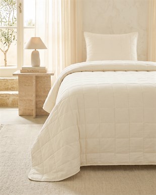 %100 Pamuk Kumaş Kapitoneli Ekru Çok Amaçlı Tek Kişilik Yatak Örtüsü Seti 1 Adet 180 x 230 / 1 Adet 50 x 70 cm