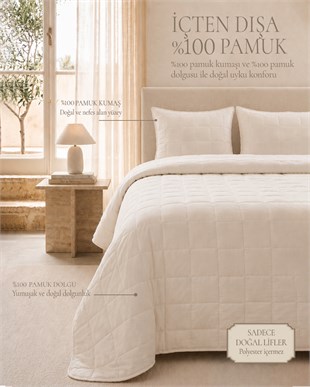 %100 Pamuk Kumaş Kapitoneli Ekru Çok Amaçlı Çift Kişilik Yatak Örtüsü Seti 1 Adet 250 x 230 / 2 Adet 50 x 70 cm