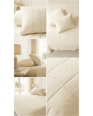 %100 Pamuk Kumaş Kapitoneli Ekru Çok Amaçlı Çift Kişilik Yatak Örtüsü Seti 1 Adet 250 x 230 / 2 Adet 50 x 70 cm