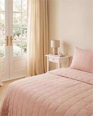 %100 Pamuk Kumaş Kapitoneli Pembe Çok Amaçlı Tek Kişilik Yatak Örtüsü Seti 1 Adet 180 x 230 / 1 Adet 50 x 70 cm