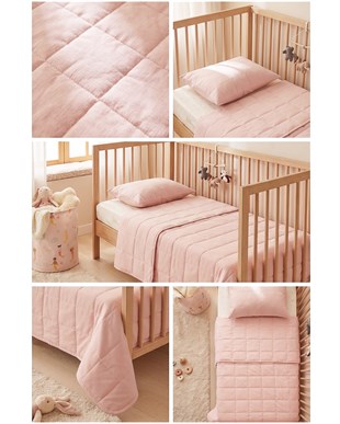 %100 Pamuk Kumaş Kapitoneli Pembe Çok Amaçlı Bebek Yatak Örtüsü Seti 1 Adet 100 x 150 / 1 Adet 37 x 47 cm