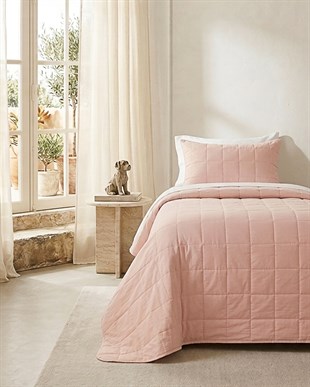%100 Pamuk Kumaş Kapitoneli Pembe Çok Amaçlı Tek Kişilik Yatak Örtüsü Seti 1 Adet 180 x 230 / 1 Adet 50 x 70 cm