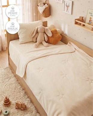 %100 Pamuk Penye Ekru Yıldız Nakışlı Bebek Çok Amaçlı Örtü 90 x 120 cm