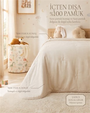 %100 Pamuk Penye Ekru Yıldız Nakışlı Bebek Çok Amaçlı Örtü 90 x 120 cm