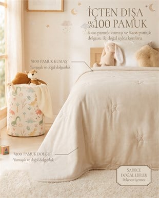 %100 Pamuk Penye Ekru Yıldız Nakışlı Çocuk Tek Kişilik Çok Amaçlı Örtü 155 x 215 cm
