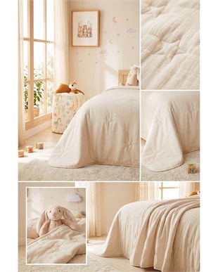 %100 Pamuk Penye Ekru Yıldız Nakışlı Çocuk Tek Kişilik Çok Amaçlı Örtü 155 x 215 cm