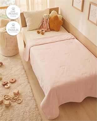 %100 Pamuk Penye Pembe Kalp Nakışlı Bebek Çok Amaçlı Örtü 90 x 120 cm