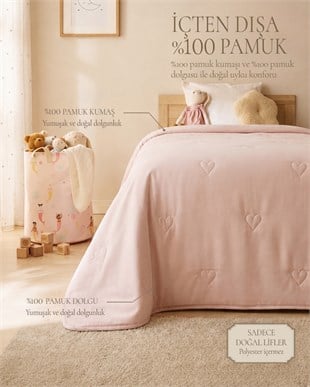 %100 Pamuk Penye Pembe Kalp Nakışlı Çocuk Tek Kişilik Çok Amaçlı Örtü 155 x 215 cm
