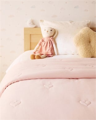 %100 Pamuk Penye Pembe Kalp Nakışlı Çocuk Tek Kişilik Çok Amaçlı Örtü 155 x 215 cm