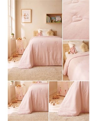 %100 Pamuk Penye Pembe Kalp Nakışlı Çocuk Tek Kişilik Çok Amaçlı Örtü 155 x 215 cm