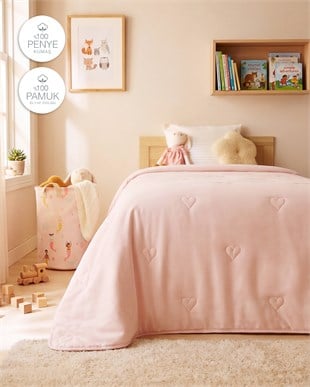 %100 Pamuk Penye Pembe Kalp Nakışlı Çocuk Tek Kişilik Çok Amaçlı Örtü 155 x 215 cm
