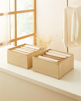 2li 6 Bölmeli Bej Balıksırtı Çekmece İçi Düzenleyici Kutu Set 28 x 28 x 13 cm