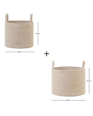 2li Bej Kırçıllı Pamuklu Halat Sepet Set 26 x 22 / 35 x 27 cm