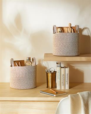 2li Bej Kırçıllı Pamuklu Halat Sepet Set 26 x 22 cm