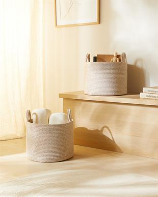 2li Bej Kırçıllı Pamuklu Halat Sepet Set 35 x 27 cm