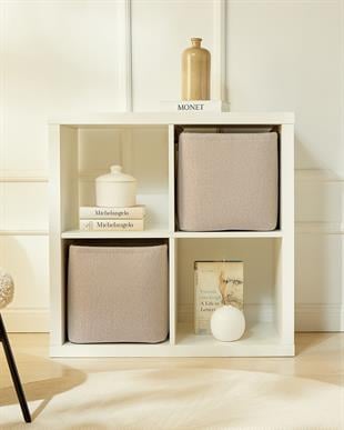 2li Bej Renk Dokulu Kumaş Sepet Set 30 x 30 x 30 cm