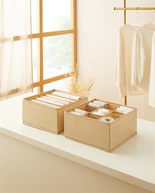 2li Bölmeli Bej Balıksırtı Çekmece İçi Düzenleyici Kutu Set