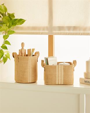 2li Çizgili Jüt Sepet Set 1 Adet 20 x 20 / 1 Adet 24 x 17 x 14 cm