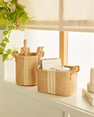 2li Çizgili Jüt Sepet Set 1 Adet 20 x 20 / 1 Adet 24 x 17 x 14 cm