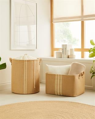 2li Çizgili Jüt Sepet Set 1 Adet 42 x 31 x 25 / 1 Adet 36 x 40 cm