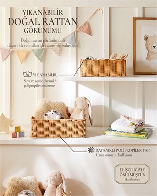 2li Çocuk Odası Yıkanabilir Bej PP Rattan Sepet Set 30 x 20 x 11 / 36 x 26 x 12 cm