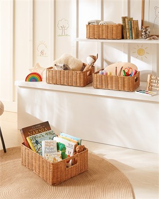2li Çocuk Odası Yıkanabilir Bej PP Rattan Sepet Set 33 x 23 x 11 / 39 x 29 x 13 cm