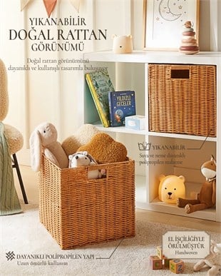 2li Çocuk Odası Yıkanabilir Bej PP Rattan Sepet Set 33 x 33 x 33 cm