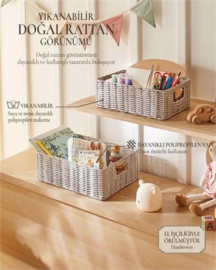 2li Çocuk Odası Yıkanabilir Gri PP Rattan Sepet Set 33 x 23 x 11 / 39 x 29 x 13 cm