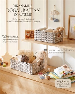 2li Çocuk Odası Yıkanabilir Gri PP Rattan Sepet Set 30 x 20 x 11 / 36 x 26 x 12 cm