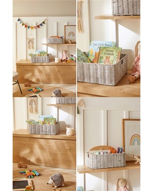 2li Çocuk Odası Yıkanabilir Gri PP Rattan Sepet Set 33 x 23 x 11 / 39 x 29 x 13 cm