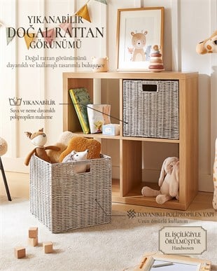 2li Çocuk Odası Yıkanabilir Gri PP Rattan Sepet Set 33 x 33 x 33 cm