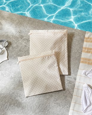 2li Su Geçirmez Pvc Astarlı Bej Dama Desen Islak Kuru Çantası 28 x 30 / 30 x 36 cm