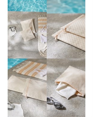 2li Su Geçirmez Pvc Astarlı Bej Dama Desen Islak Kuru Çantası 28 x 30 / 30 x 36 cm