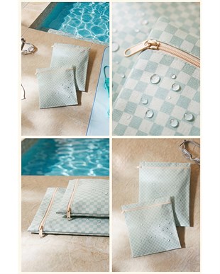 2li Su Geçirmez Pvc Astarlı Mint Dama Desen Islak Kuru Çantası 28 x 30 / 30 x 36 cm