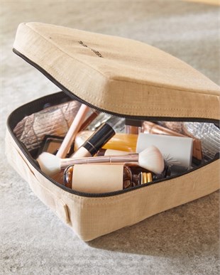 2li Termal Astarlı Su İtici Leke Tutmaz Jüt Keten Makyaj İlaç Çantası Seti 25 x 15 x 12.5 / 20 x 21 x 11 cm