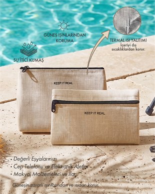 2li Termal Astarlı Su İtici Leke Tutmaz Jüt Keten Makyaj İlaç Çantası Seti 22 x 14 / 23 x 16 x 7 cm